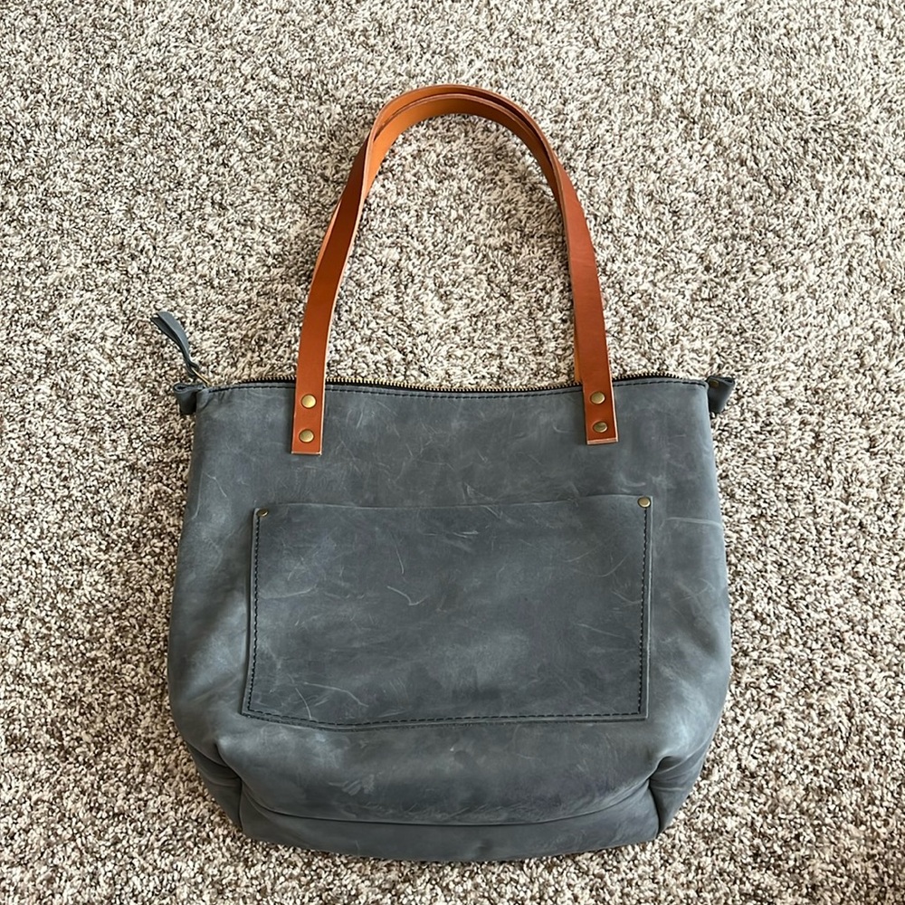 Portland Leather Zippered Tote - Storm with Tan Straps